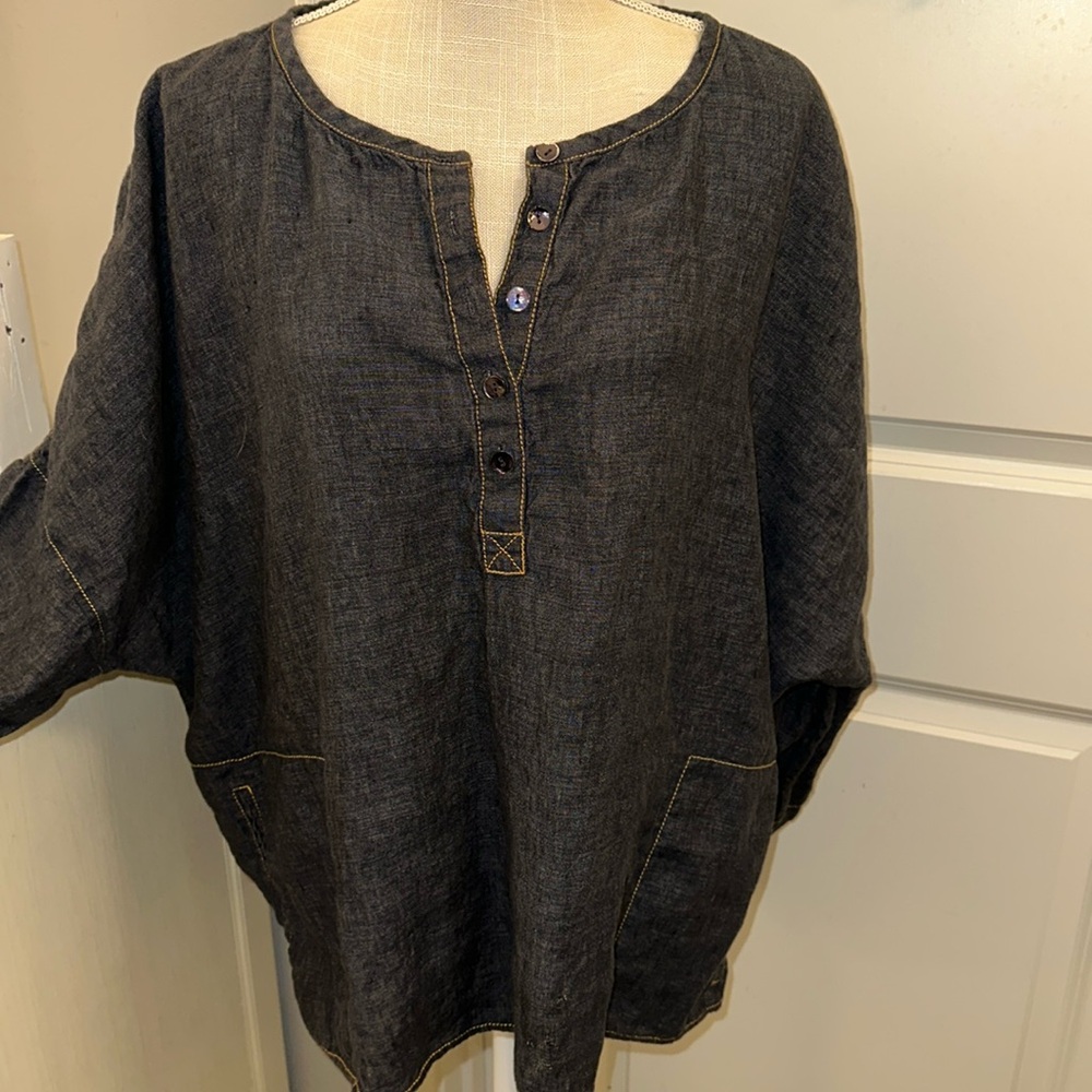 Eileen Fisher Dark Charcoal Gray Linen Tunic with Contrast Stitching
